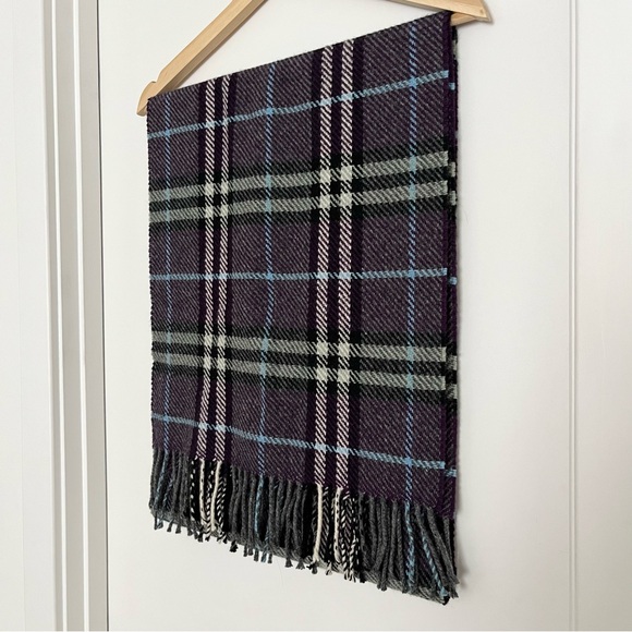 Burberry Cashmere Wool Classic Plaid Fringe Scarf, Purple/Black/Blue, 72" x 15" - Picture 2 of 6